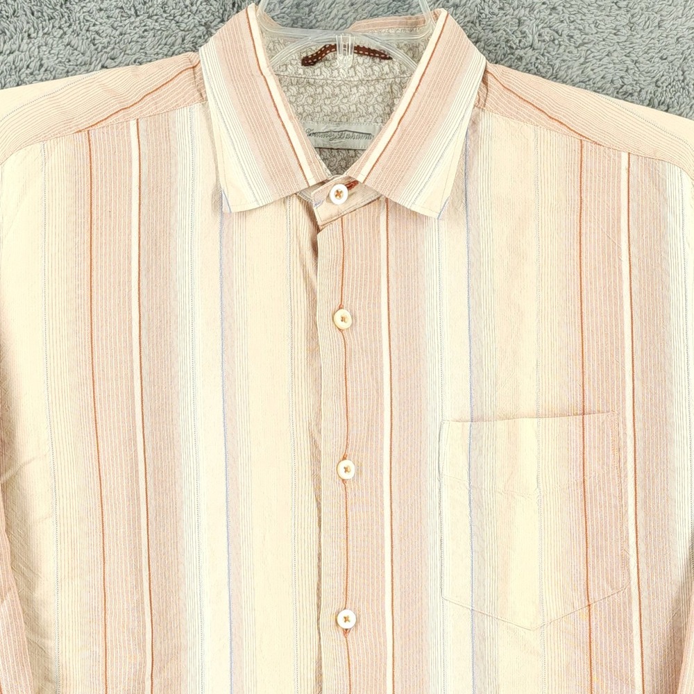 Tommy Bahama Shirt Mens L Peach Cream Striped Silk Casual Tropical‎ Long Sleeve
